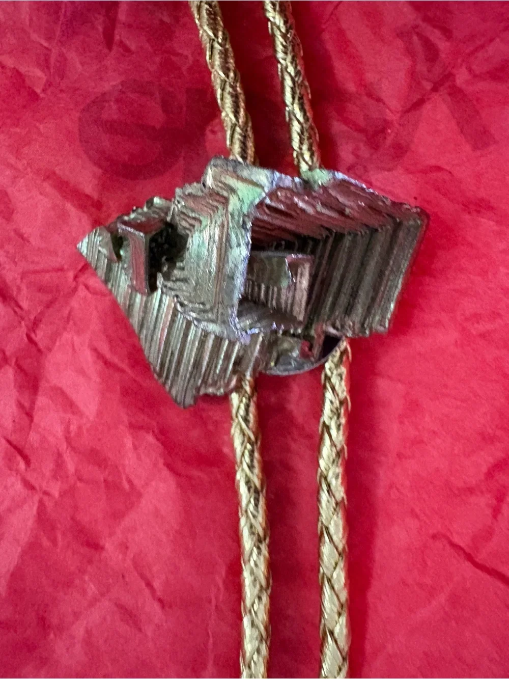Iridescent Bismuth Pendant Bolo Tie with Gold Braid